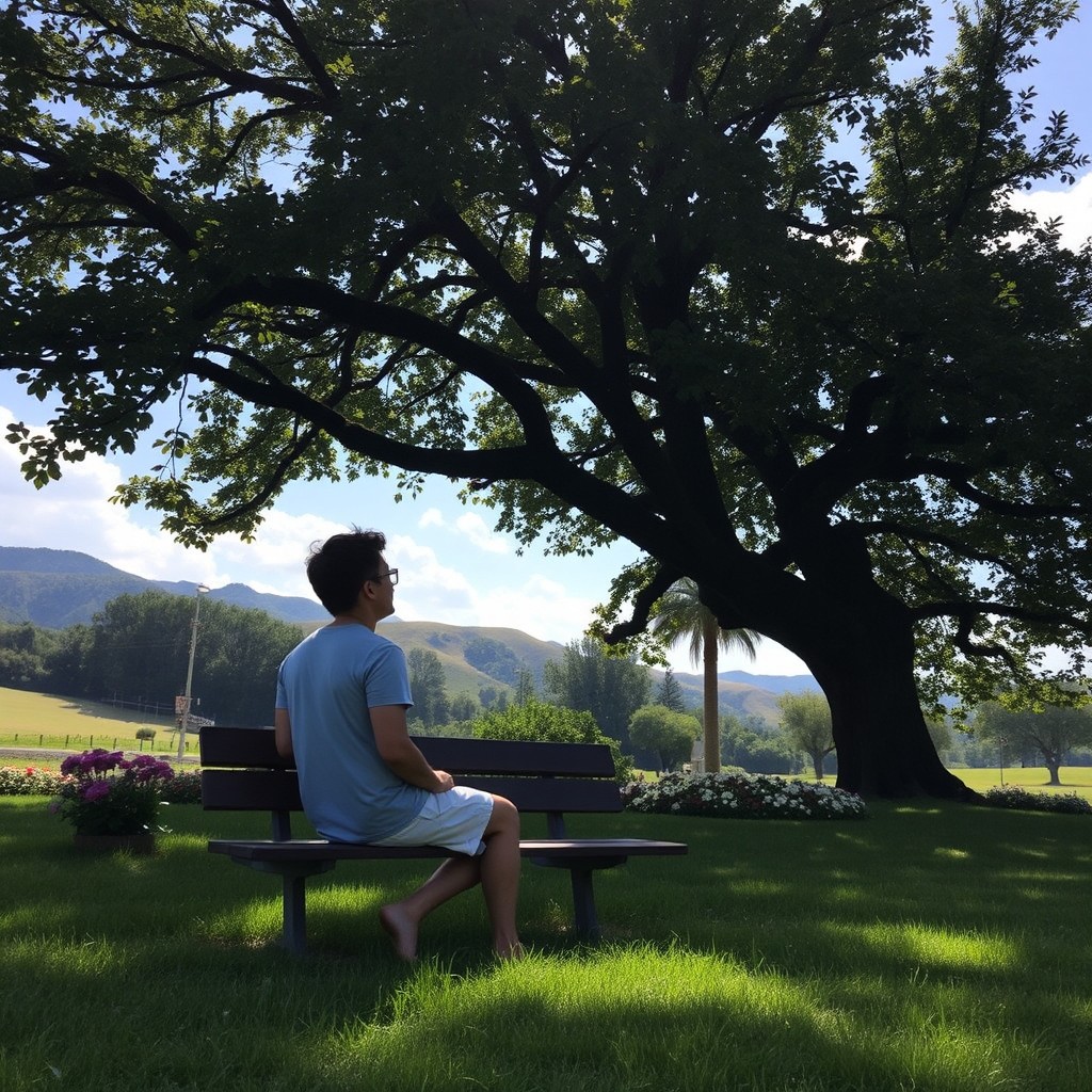 A serene park scene featuring a person sitting on a wooden bench under a large, leafy tree