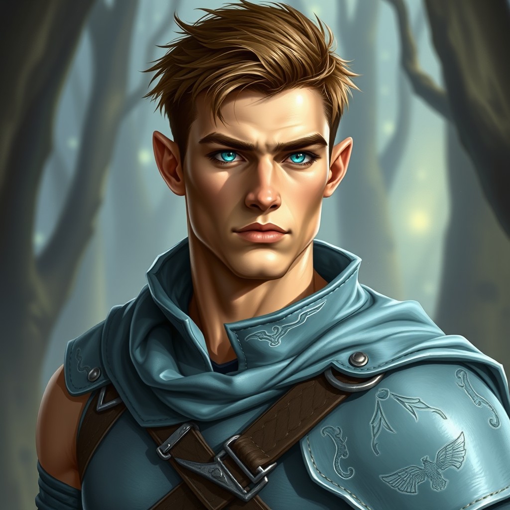 A handsome and athletic half-elf male fighter character from a fantasy Dungeons & Dragons setting, depicted in a portrait image