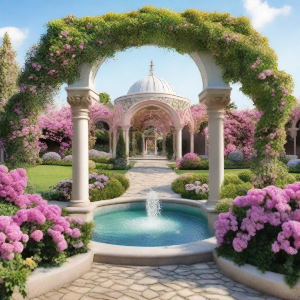 A picturesque garden featuring arches wrapped in blooming flowers, a majestic water fountain in the center and a yarn ball shaped logo hovering above it