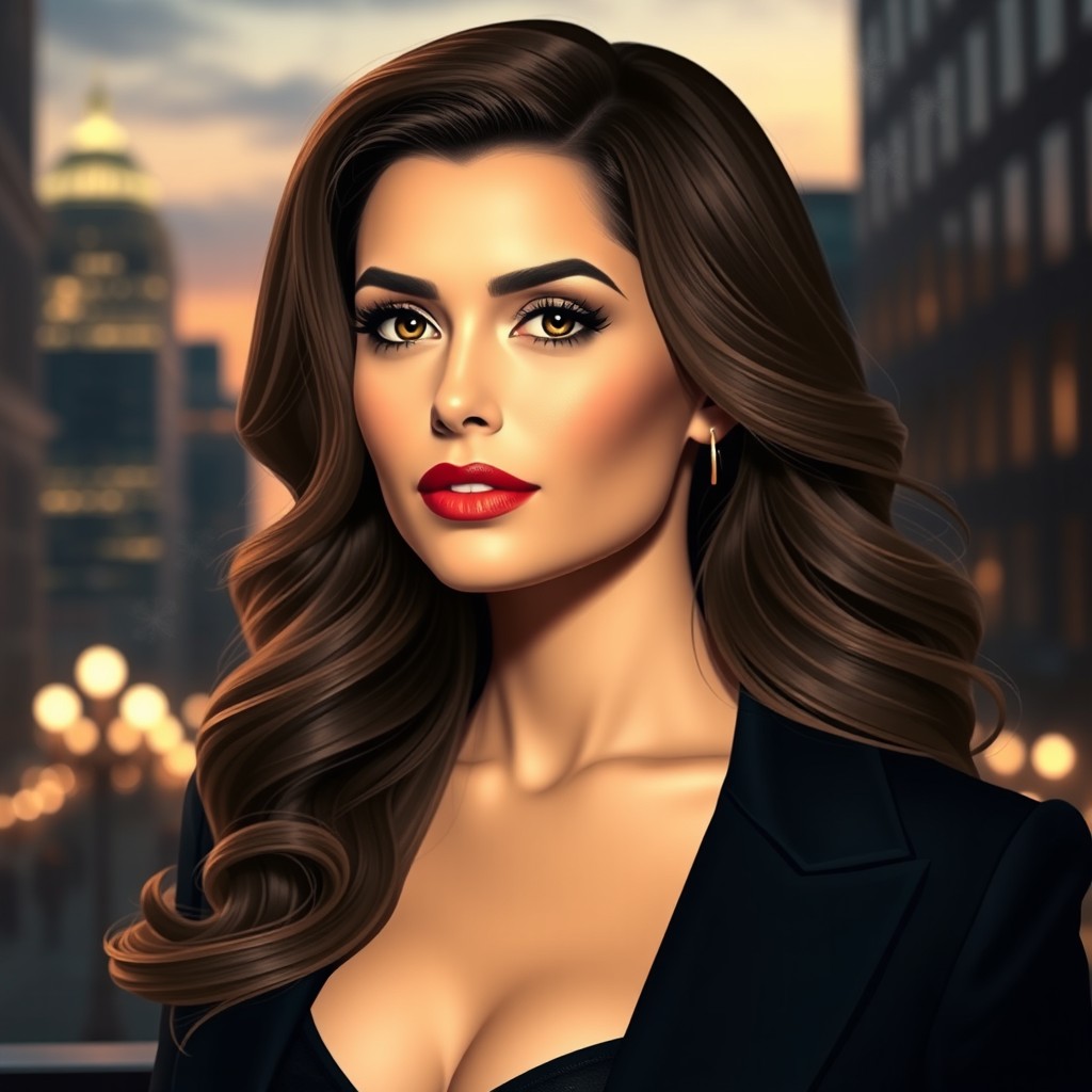A stunning portrait of Lois Lane, featuring glamorous Hollywood-style hair that cascades in luscious waves, framed by soft, glowing light