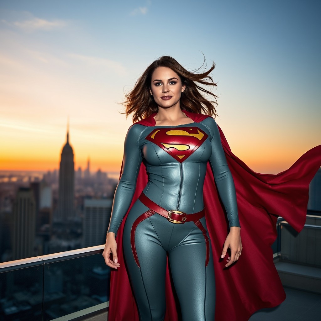 Lois Lane as an empowered superhero, wearing a stylish and modern version of a Superman costume, complete with a flowing cape, emblematic 'S' logo on her chest, and a high-tech suit