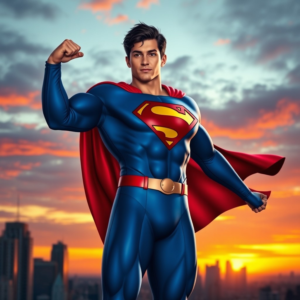 A character resembling Lois Lane depicted as a male in a Superman costume, standing heroically on top of a building in a city skyline during sunset