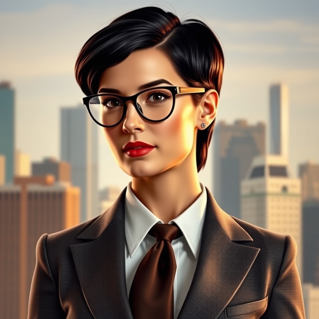 A portrait of Lois Lane, styled as Clark Kent, wearing a classic tailored suit with a white dress shirt and a tie, featuring her signature short dark hair styled in a sleek, professional manner