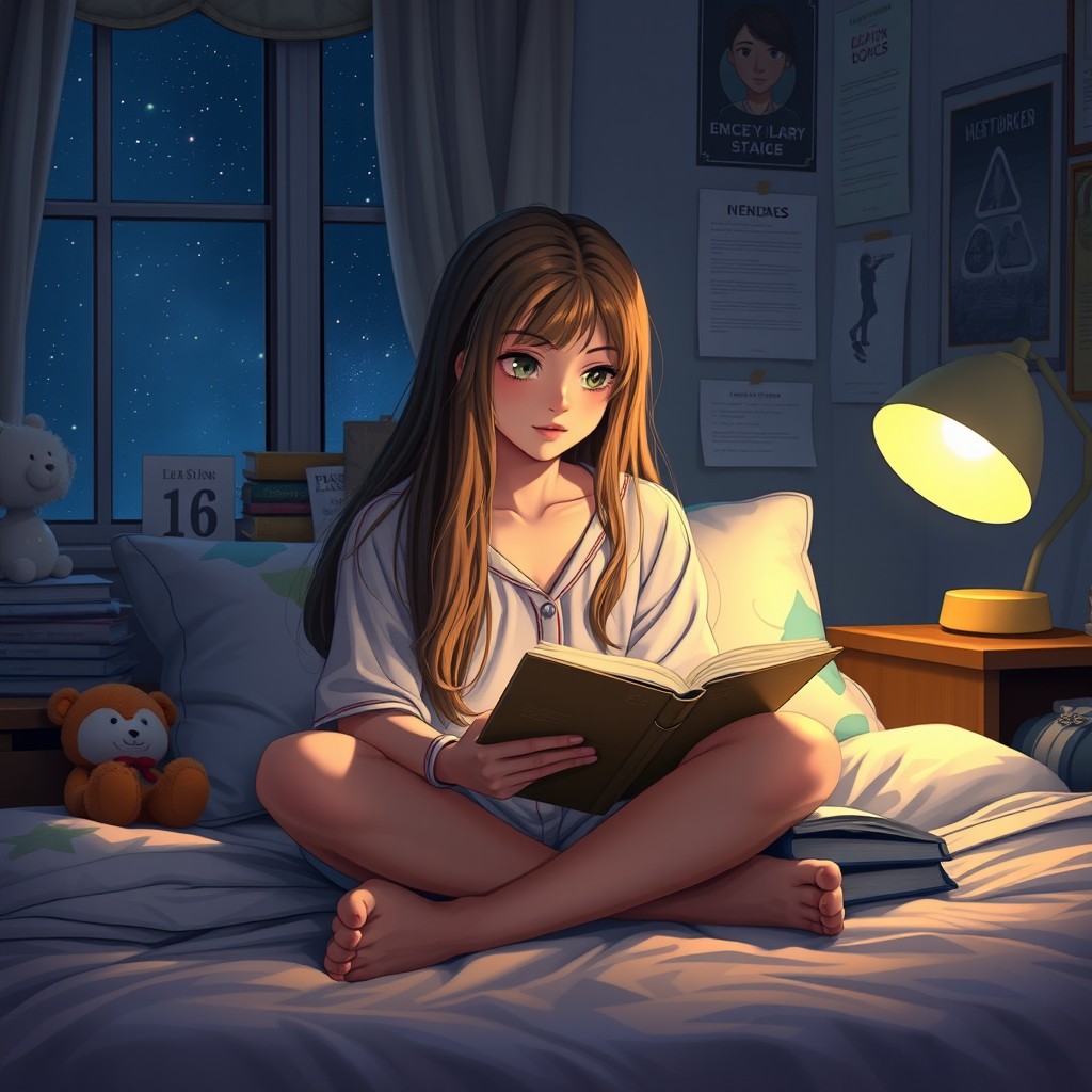 A 17-year-old girl, described as alluring, studying late at night on her bed, surrounded by books and a soft, ambient glow from a bedside lamp