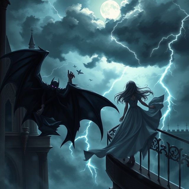 A dark fantasy scene featuring a mysterious male figure resembling Rhysand from 'A Court of Thorns and Roses', soaring beside a high balcony during a stormy night