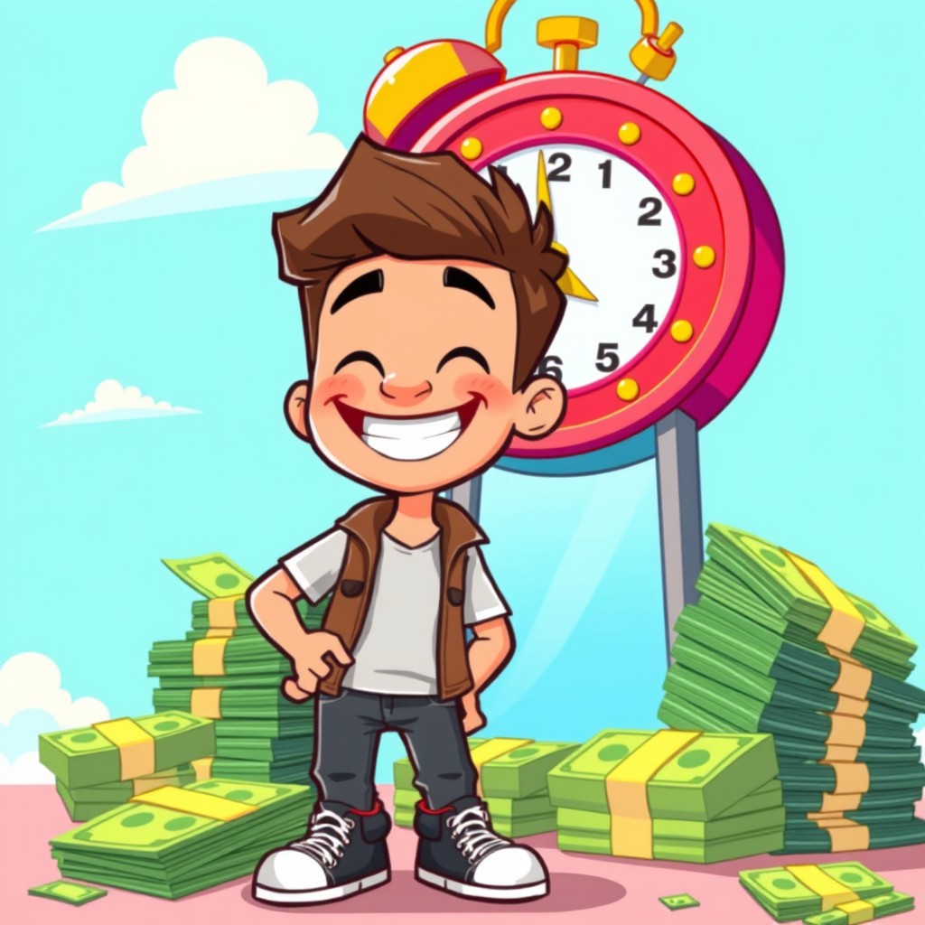 A cartoon character, a cheerful human with a big smile, standing next to a large, colorful clock and piles of money scattered around