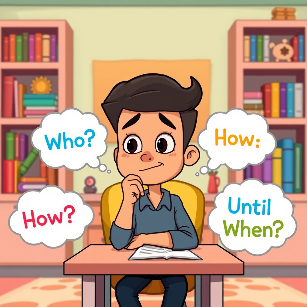 A cartoon character, a thoughtful human with an expressive face, sitting at a desk in a cozy, colorful room