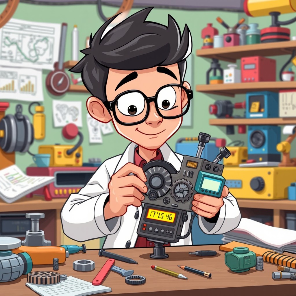 A cartoon character, an inventive human with glasses, focusing intently on crafting an assessment tool in a colorful workshop