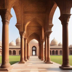 Architectural scene with arched back pillars, a prominent yarn ball logo, all laden with intricate Mughal sculptures