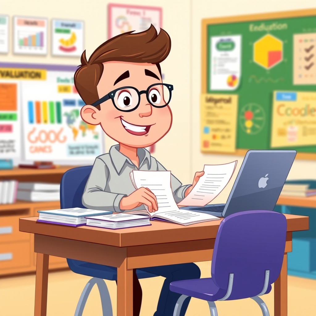 A cartoon illustration of a human engaging in educational evaluation