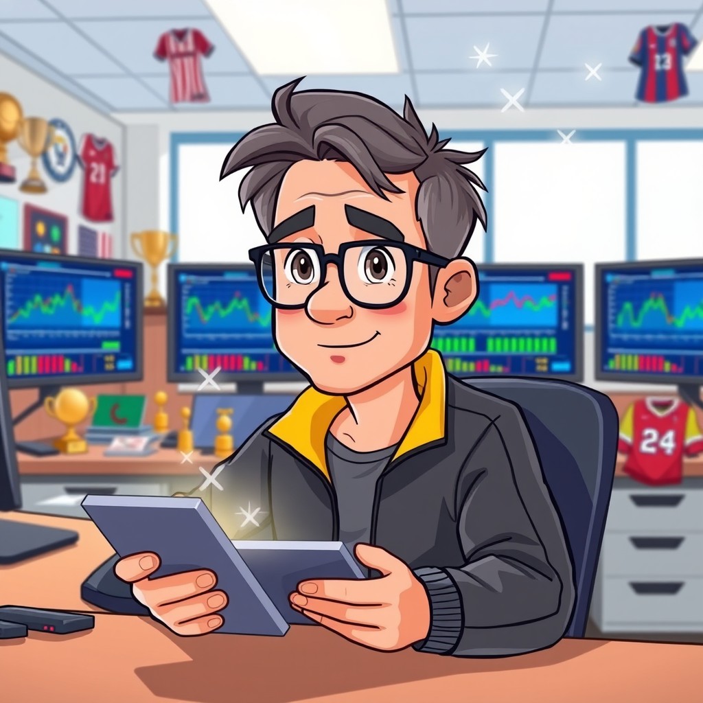 A cartoon character, a middle-aged man with glasses and a focused expression, sitting at a desk with multiple screens displaying colorful graphs and sports data on them
