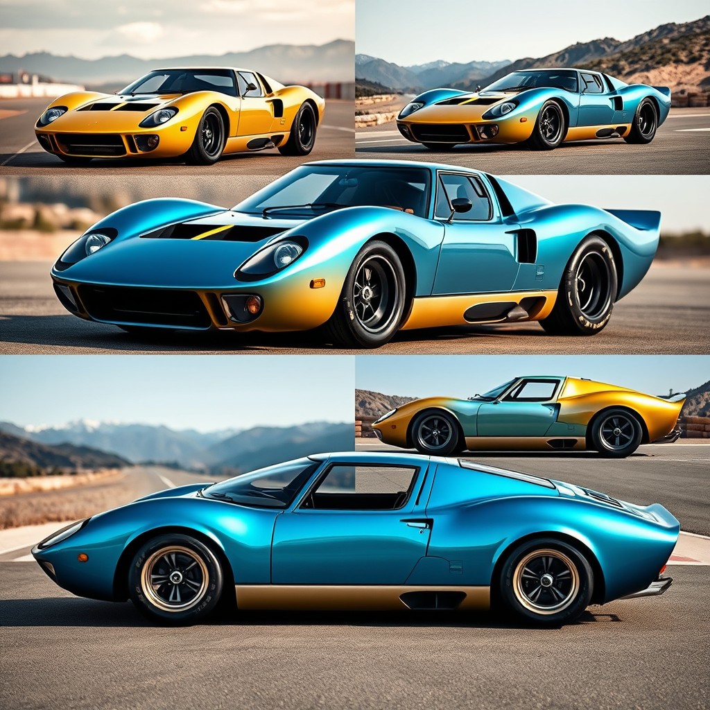 A stunning collection of various angles and views of a sports car that brilliantly combines the design elements of the Lamborghini Miura and the Ford GT40