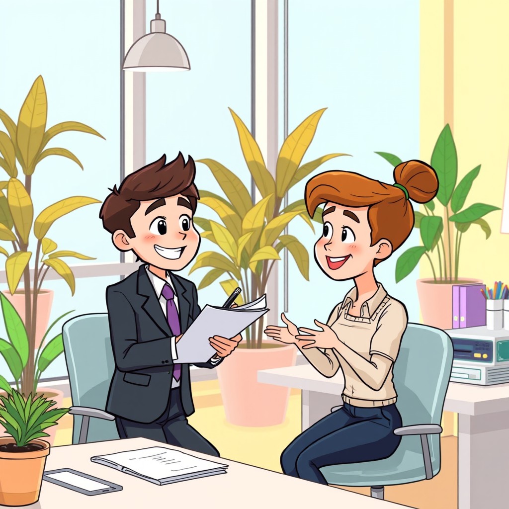 A cartoon image depicting a humanoid character engaging in an interview with another person, set in a cheerful office environment