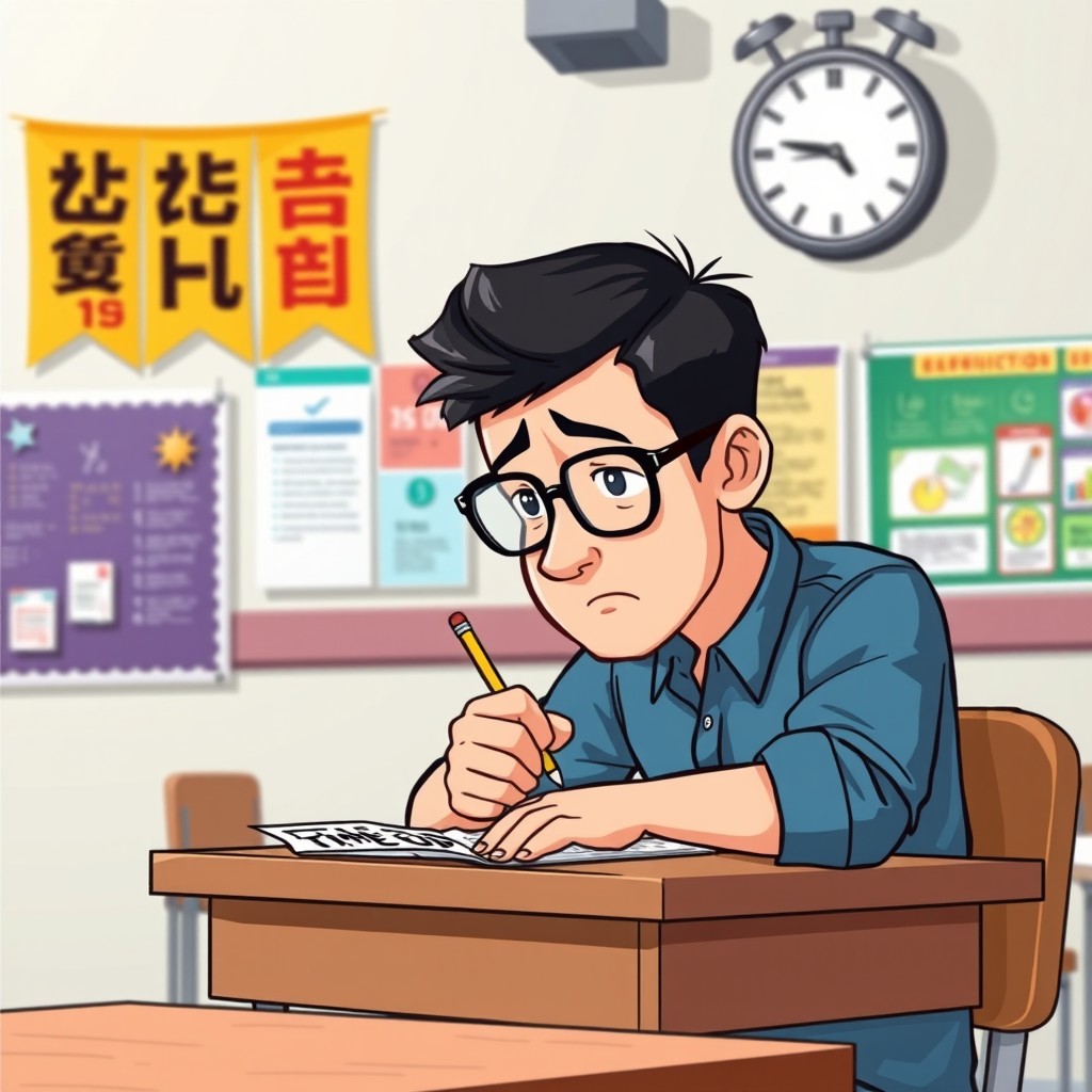 A cartoon image of an adult man sitting at a desk, taking an exam