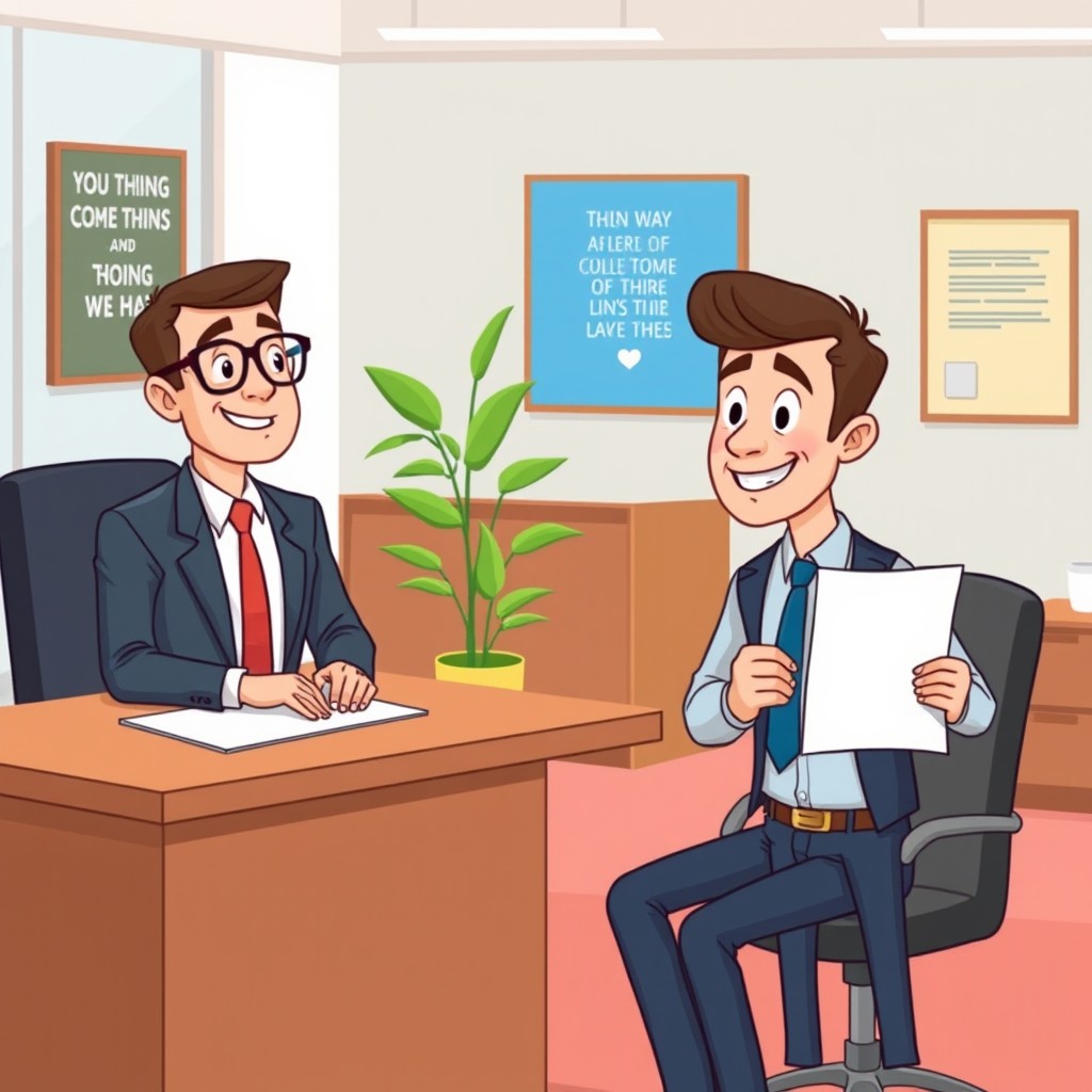 A cartoon image depicting two men in a job interview setting