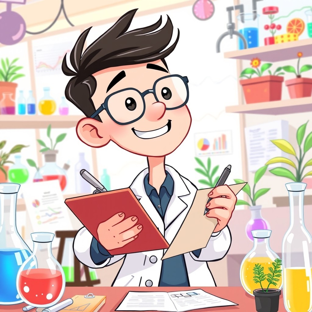 A cartoon illustration of a human character wearing glasses and a lab coat, enthusiastically collecting research data