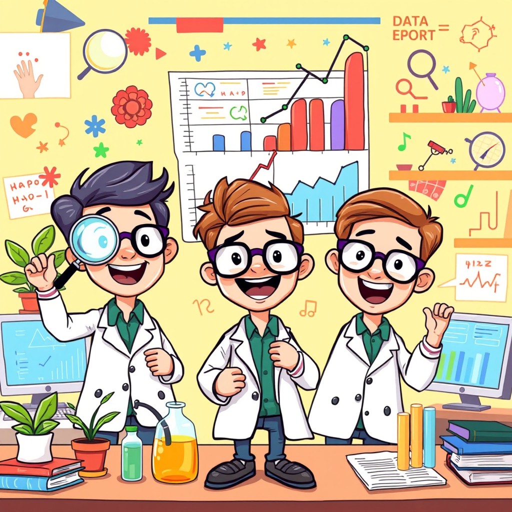 A colorful cartoon-style illustration depicting a whimsical research data report