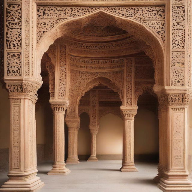 Architectural scene with arched back pillars, a prominent yarn ball logo, all laden with intricate Mughal sculptures