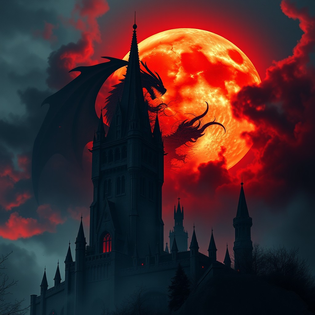 An ominous castle shrouded in darkness and evil, towering against a foreboding sky