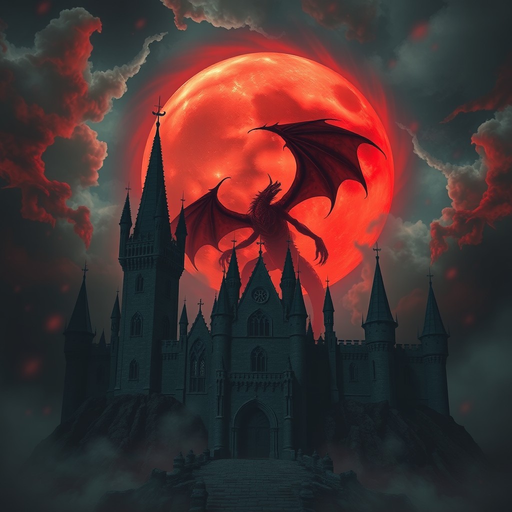 An ominous castle enveloped in darkness and evil, set against a dramatic background featuring a large blood moon partially obscured by turbulent bloody clouds