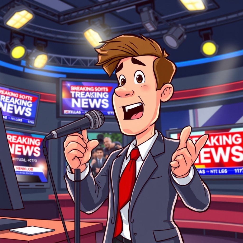 A cartoon-style illustration of a news reporter passionately delivering a news report on television