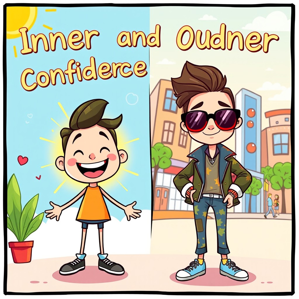 A vibrant cartoon showcasing the concept of inner and outer confidence