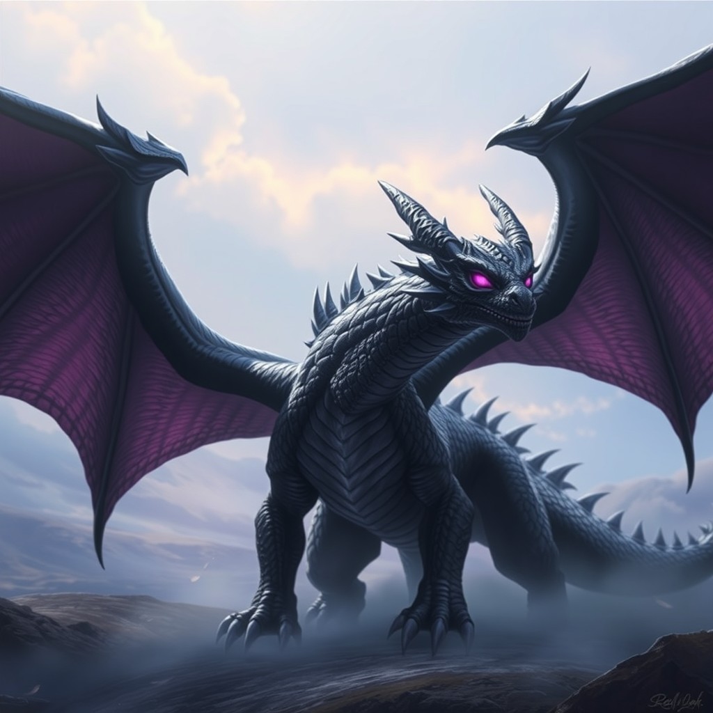 A majestic black dragon with glistening scales and strikingly glowing purple eyes, exuding an aura of power and mystery