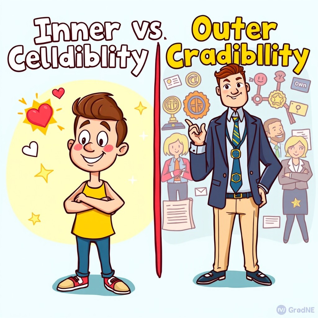 A vibrant cartoon illustration depicting the concept of inner and outer credibility