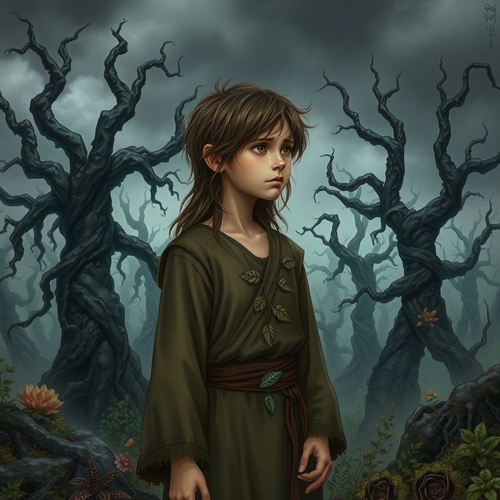 A young, melancholic druid stands before a corrupted forest, surrounded by twisted, gnarled trees with dark, creeping vines