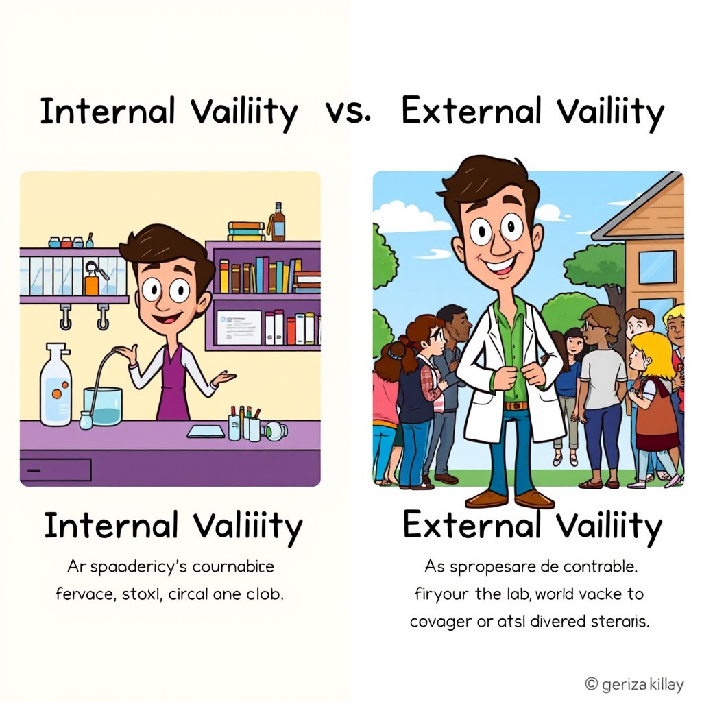 A cartoon illustration depicting the concepts of internal and external validity in research