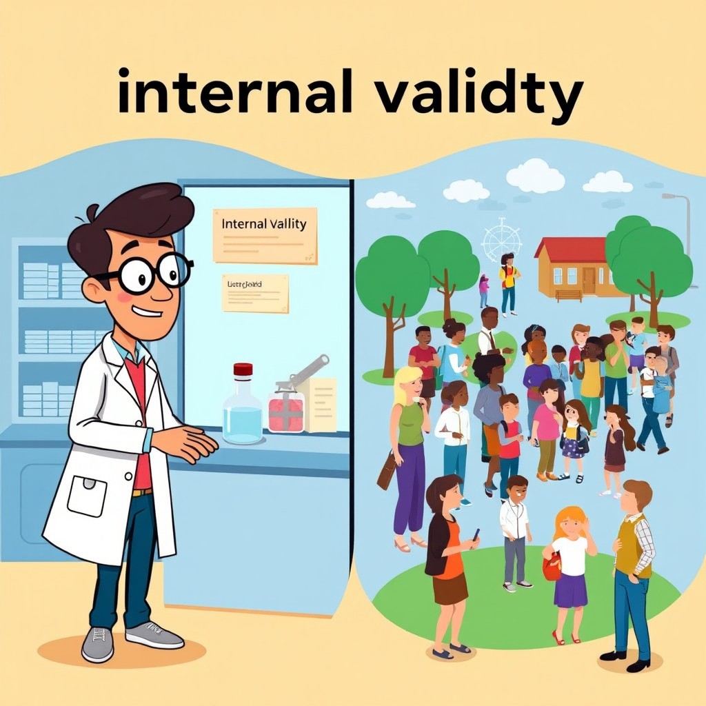 A colorful cartoon illustration depicting the concepts of internal and external validity
