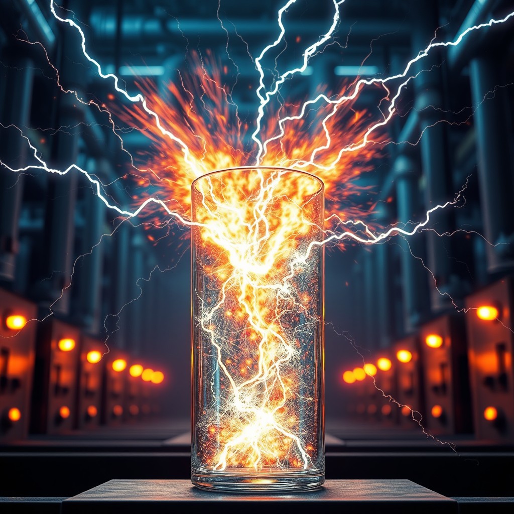 A dramatic scene featuring a glass container emitting an intense, pulsating energy