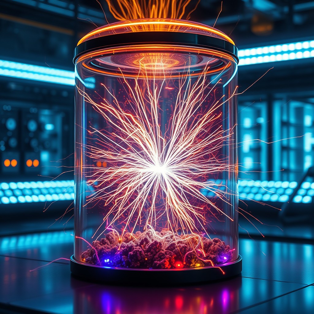 A captivating scene featuring a closed glass container pulsating with intense energy, creating visible shockwaves that radiate outward