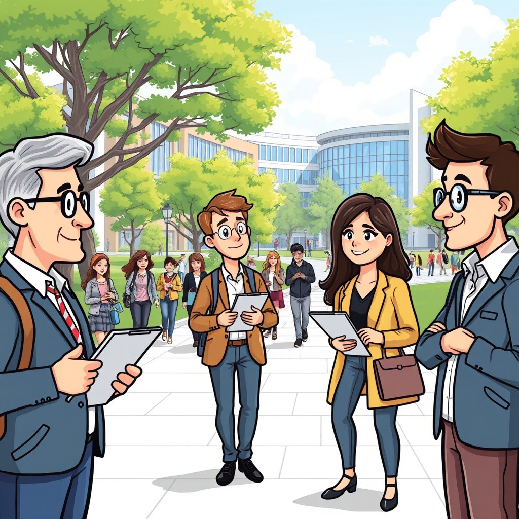 A cartoon-style illustration of inspectors visiting a university, showcasing a vibrant campus scene