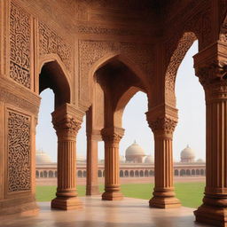 Architectural scene with arched back pillars, a prominent yarn ball logo, all laden with intricate Mughal sculptures