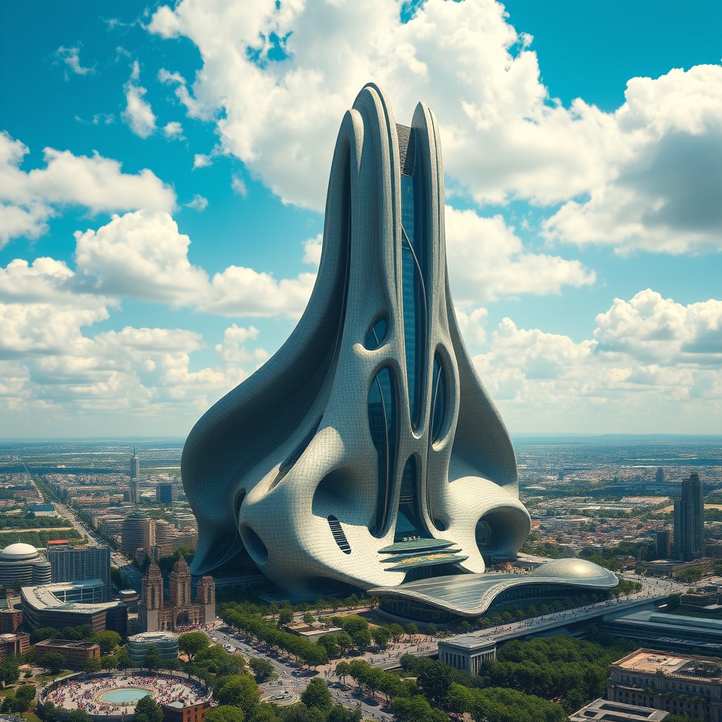 A massive bulging building that towers over a sprawling city, with intricate architecture and an organic, flowing design that makes it appear almost alive