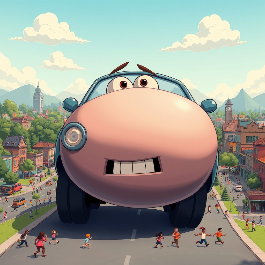A fantastical scene featuring a huge, cartoonish car with an exaggerated round belly that is visibly inflating