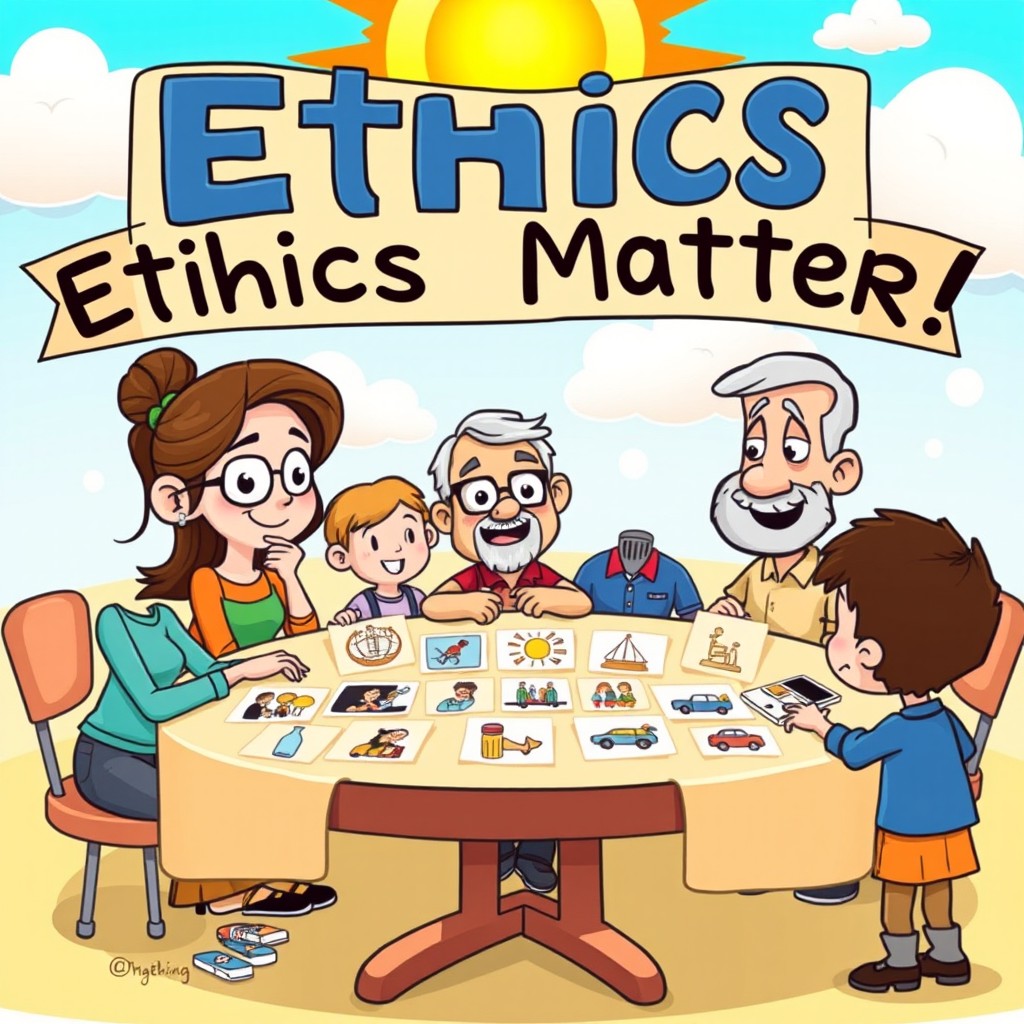 A whimsical cartoon image illustrating ethical considerations
