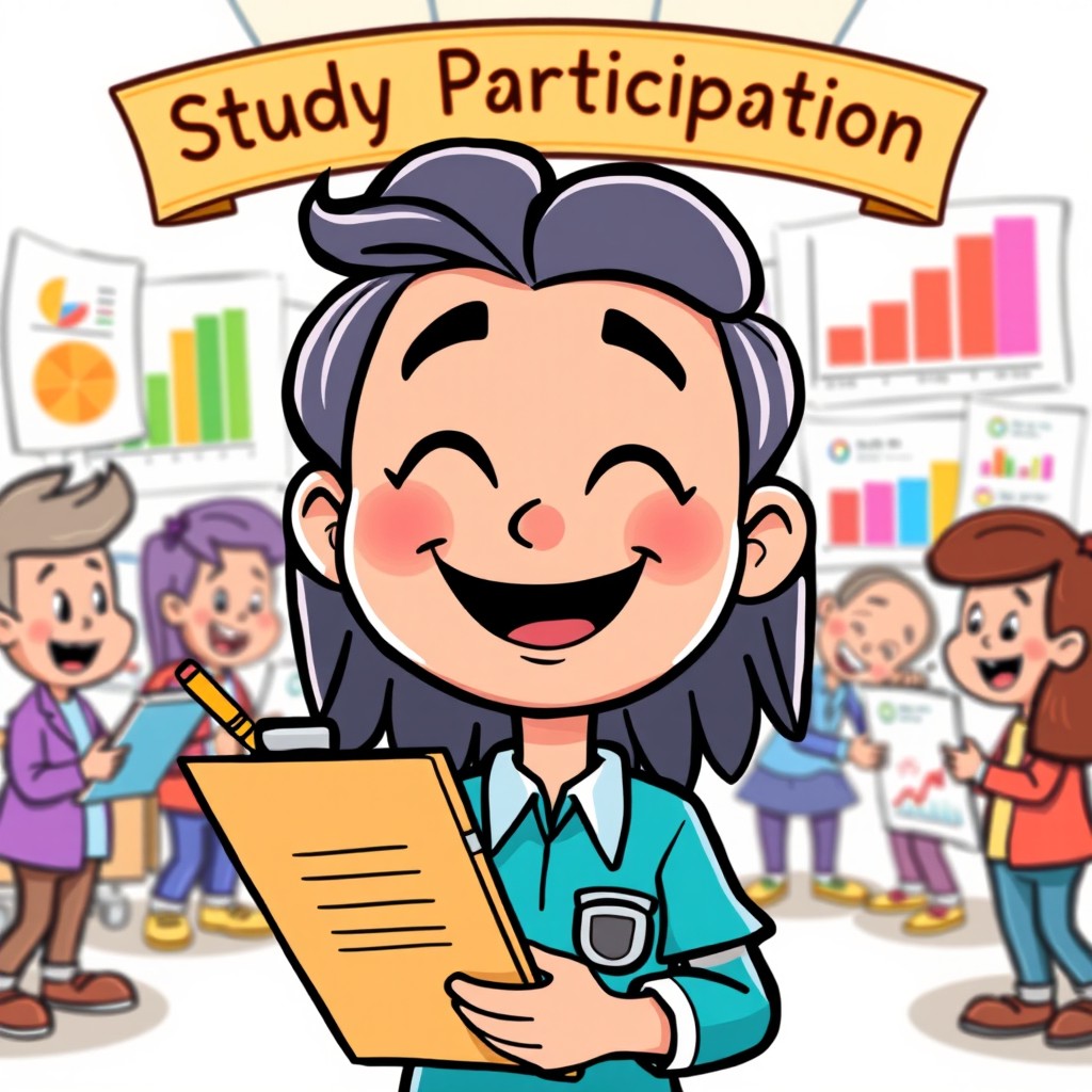 A cartoon character expressing satisfaction while participating in a study