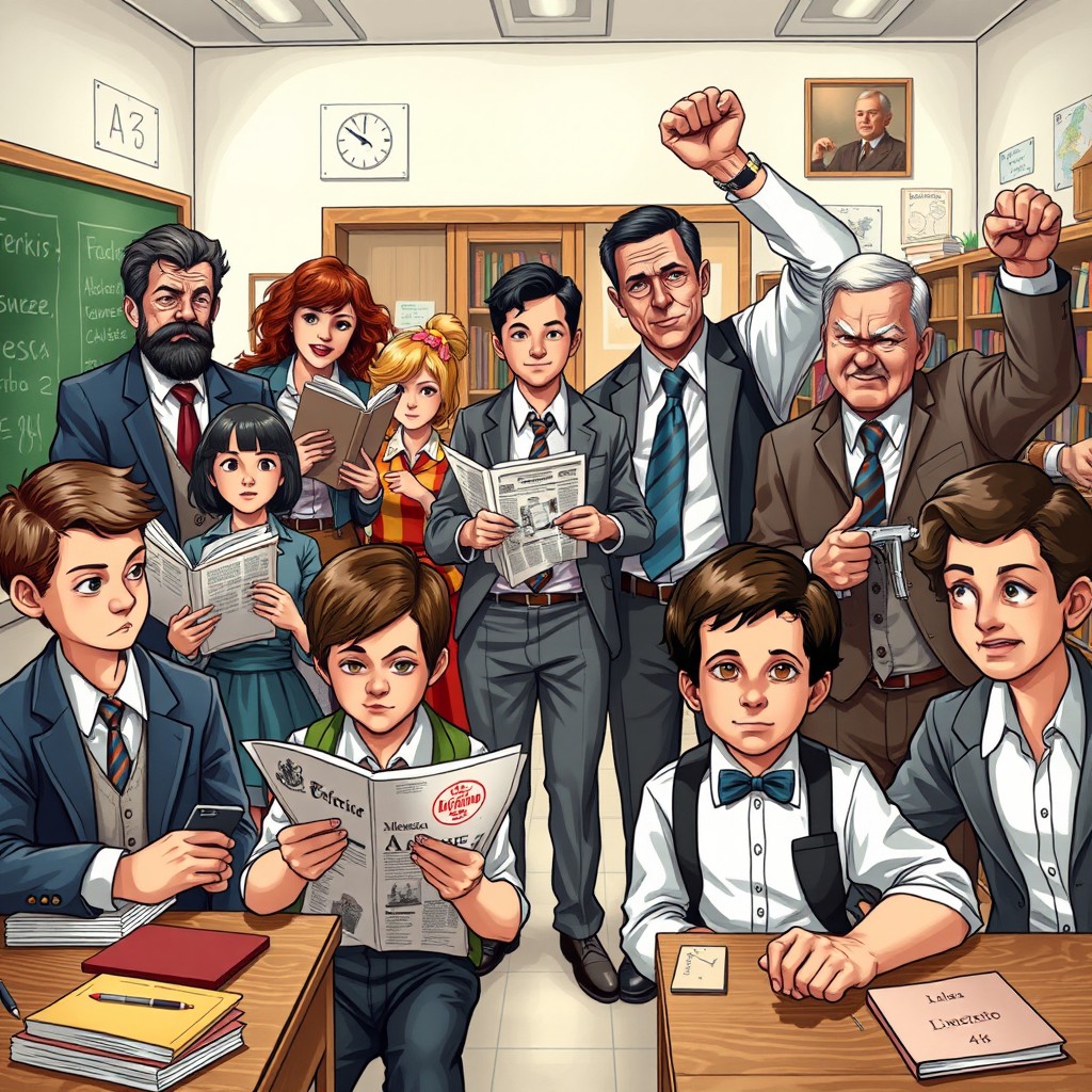 A detailed scene featuring a variety of characters in a school setting, with a mix of ages and activities