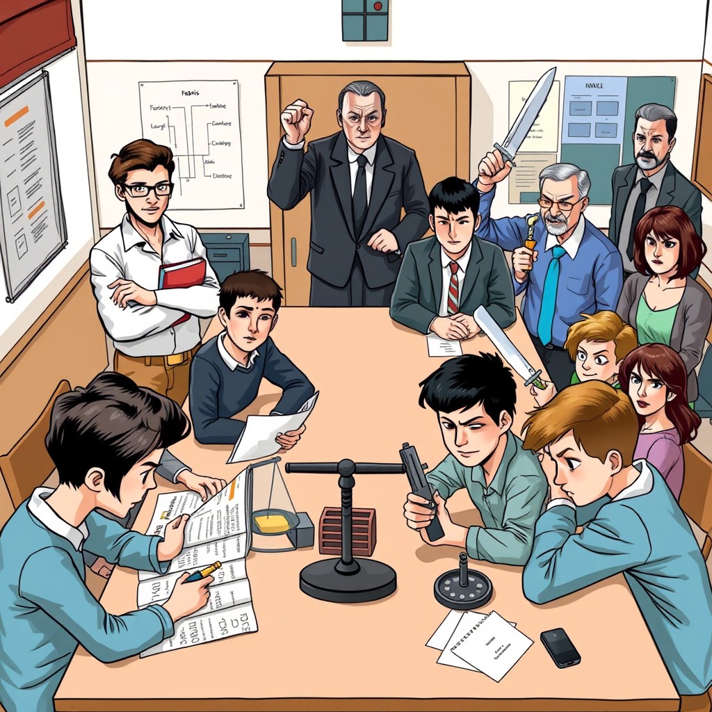 A classroom scene depicting a diverse group of characters around a large table