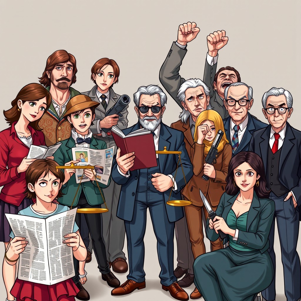 A dynamic scene depicting a diverse group of characters in an engaging composition