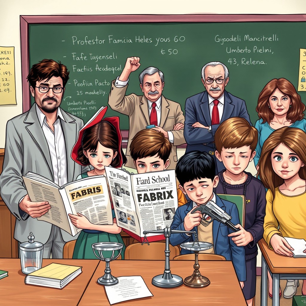 A classroom scene featuring diverse characters: a charismatic professor named Fabris holding a book, a 16-year-old girl named Federica reading a newspaper, and another 16-year-old boy named Alessandro examining a balance scale