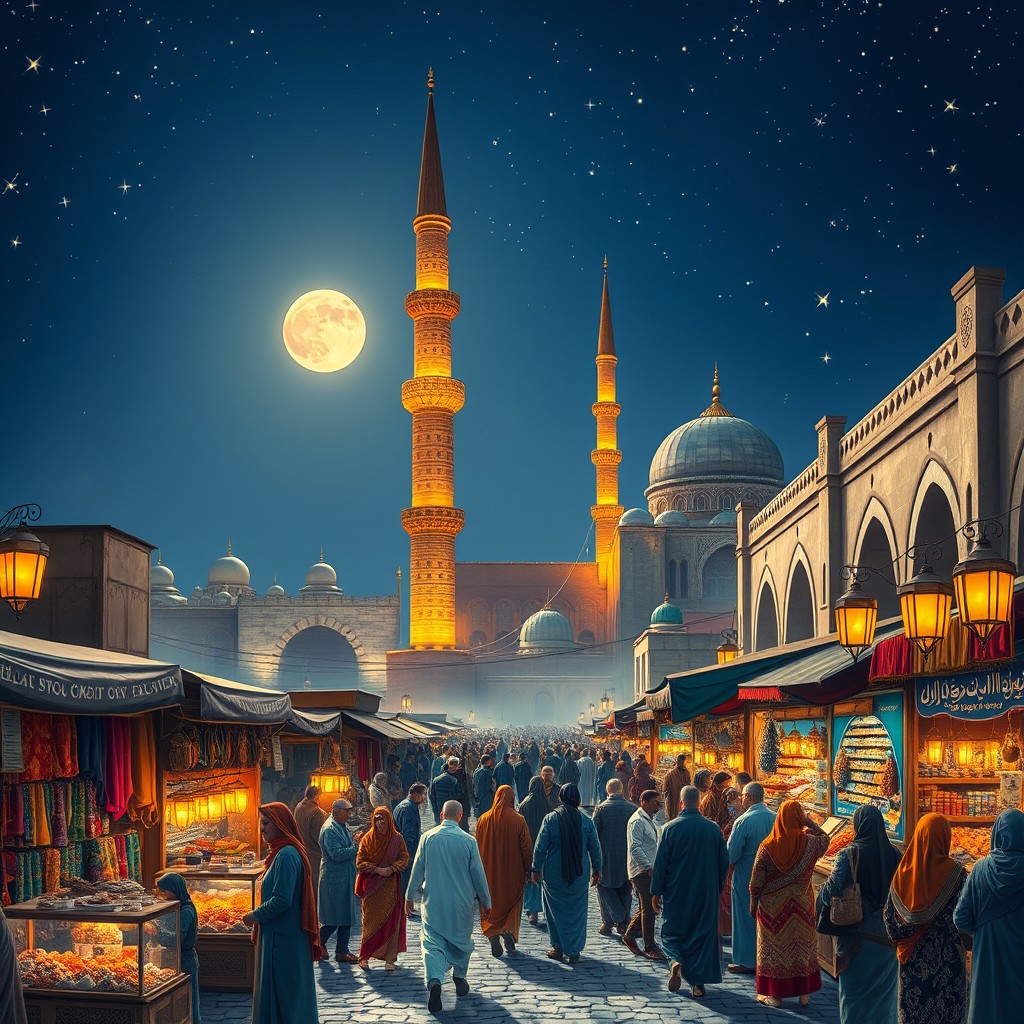 A beautifully illuminated night scene in an ancient Middle Eastern city, featuring tall, intricately designed minarets standing against a starlit sky