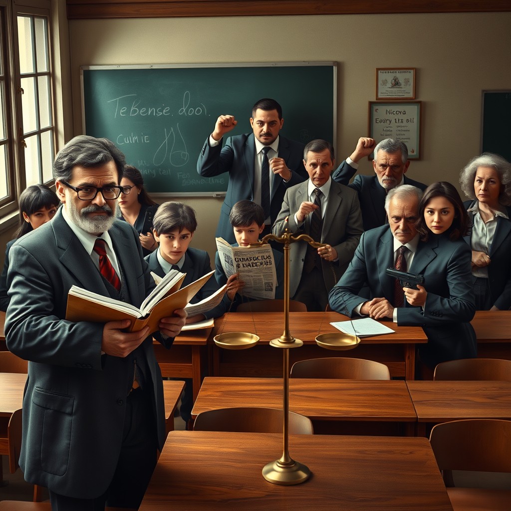 A dramatic scene set in a classroom, featuring multiple characters with unique attributes