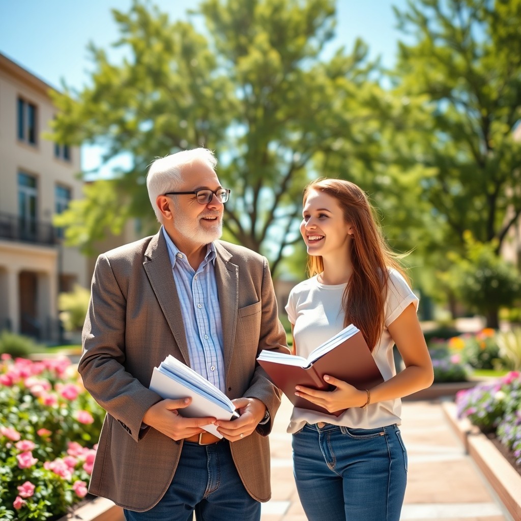 A beautiful and inspiring scene of a student and their professor together, standing in a vibrant university courtyard surrounded by blooming flowers and academic buildings