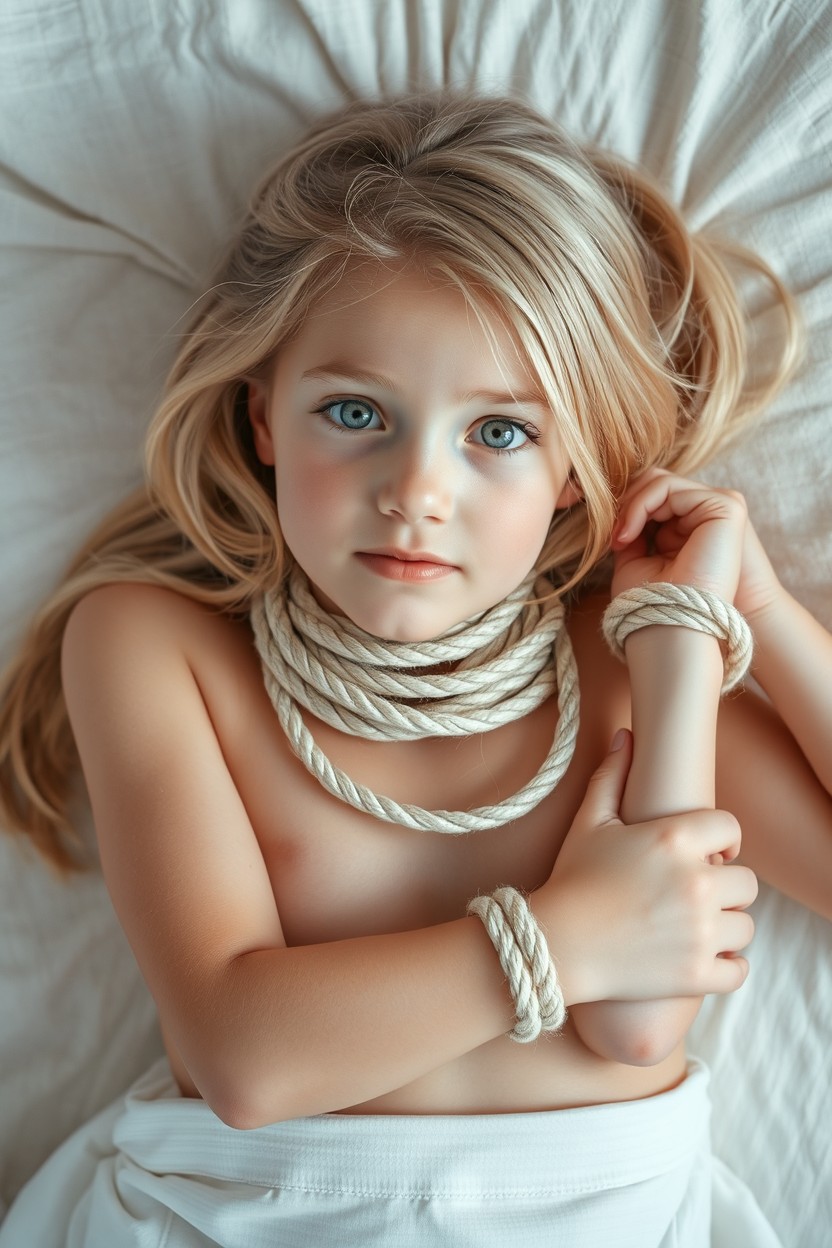 A beautiful blonde girl with striking white eyes is lying on her back on a soft surface