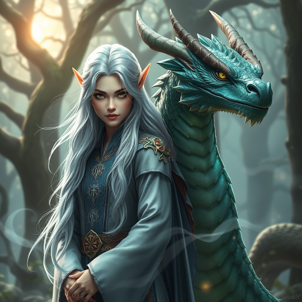 A stunning visual depicting two beautifully crafted fantasy characters, one a majestic elf with long flowing silver hair, wearing an intricately detailed robe adorned with magical symbols, and the other, a fierce dragon with shimmering emerald scales, poised protectively beside the elf