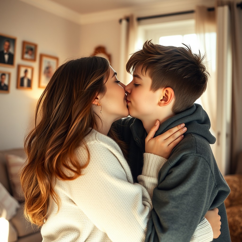 A tender and intimate scene capturing a mother and son sharing a loving kiss in a cozy room