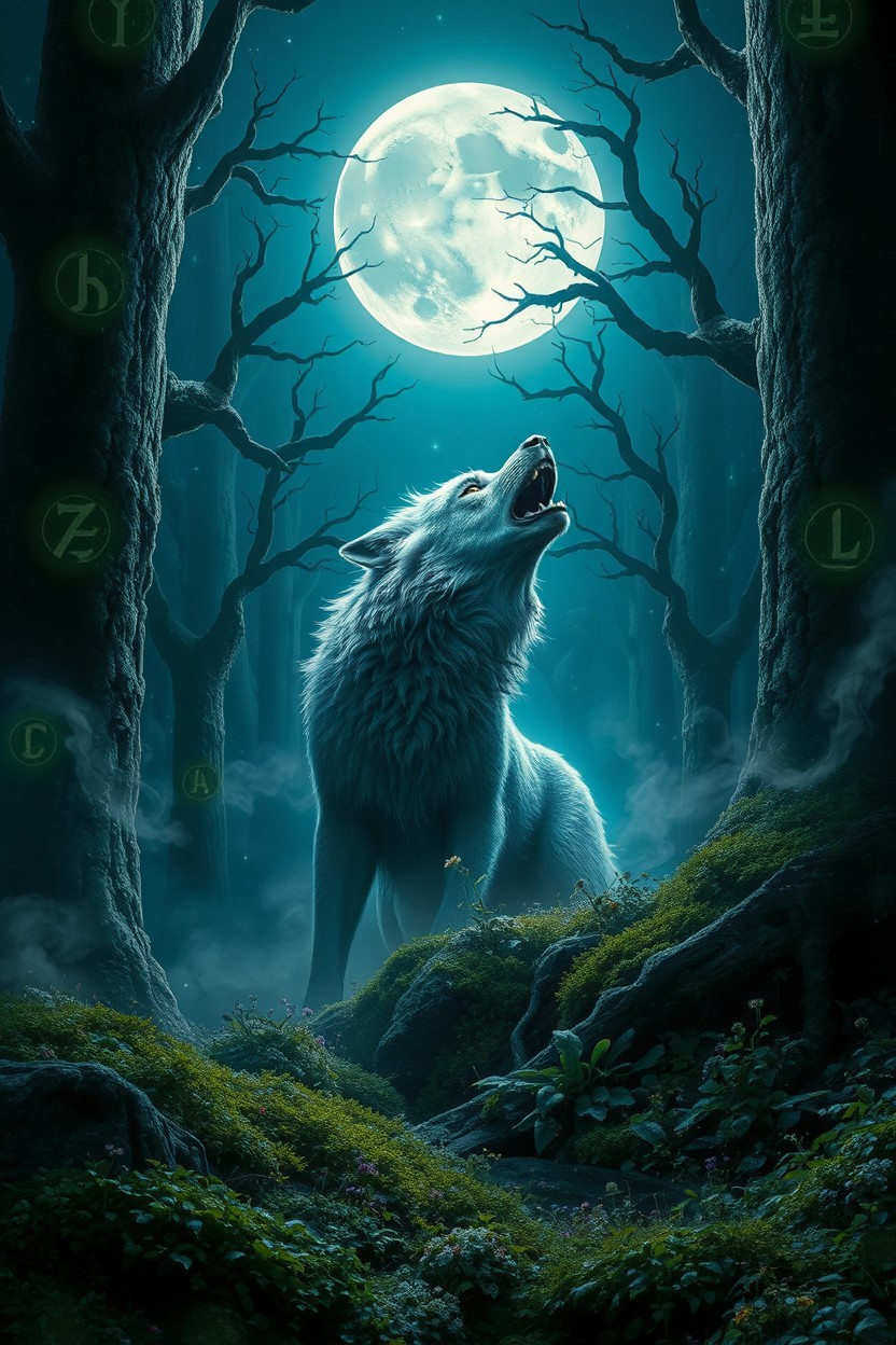 A captivating and intense fantasy scene featuring a fierce werewolf in a mystical forest